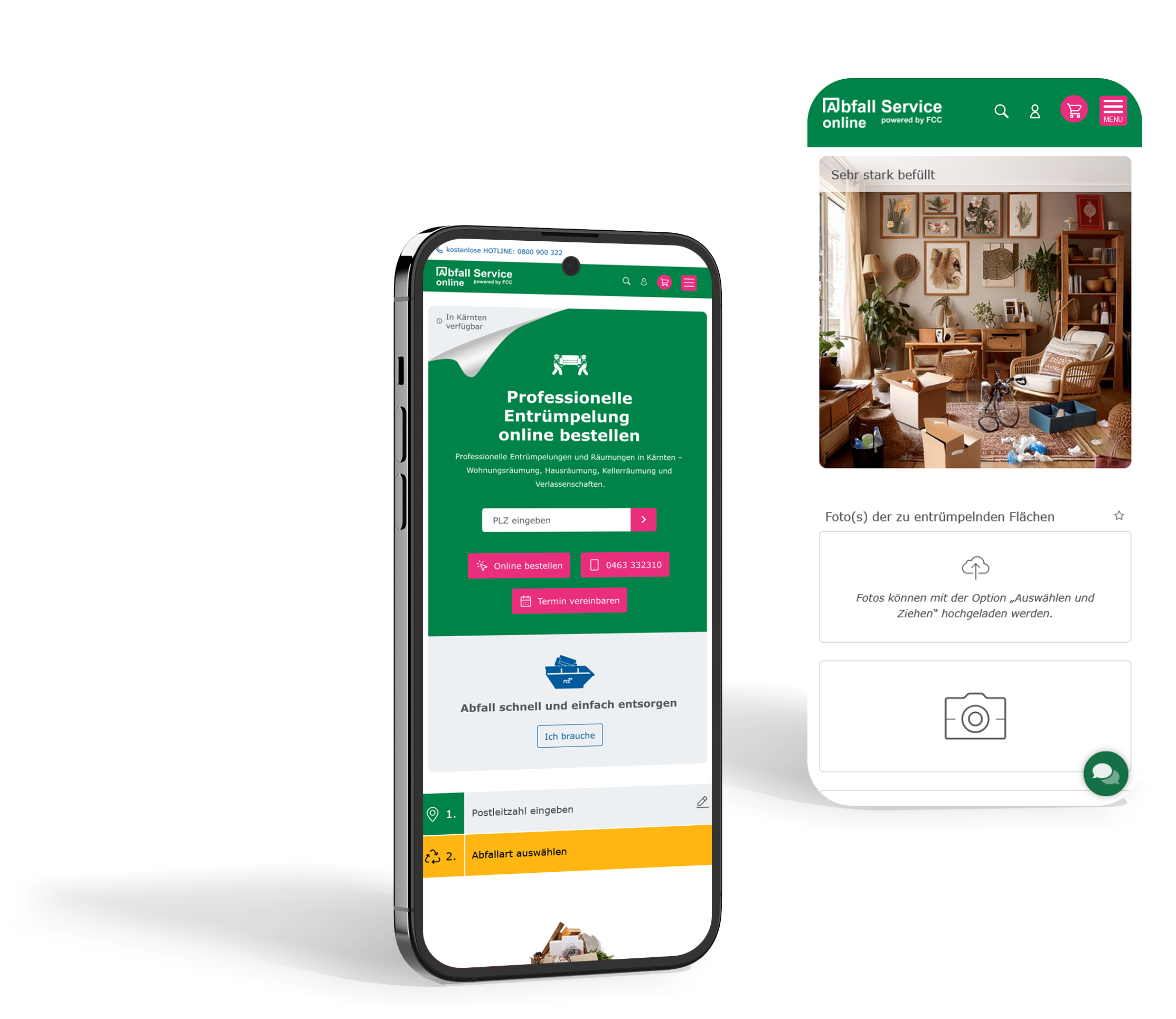 Zwei Smartphones zeigen die Website von Abfall Service Online